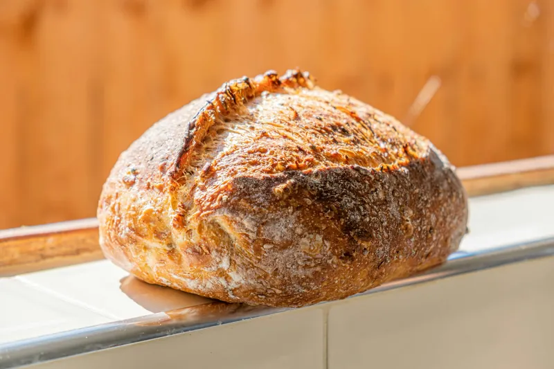 Frisch gebackener runder Brotlaib mit eingeschnittener Kruste auf einer Theke